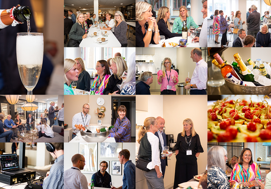 Collage med bilder från Solbergs inflyttningsfest på Vallgatan