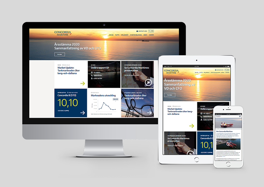 Exempel från Concordia Maritime webbplats på desktop, surfplatta och mobil