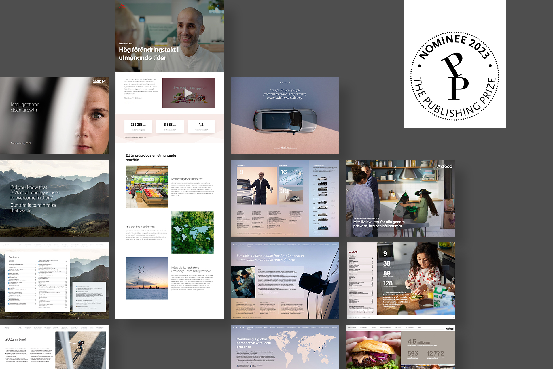 Collage med de nominerade bidragen till Publishingpriset 2023